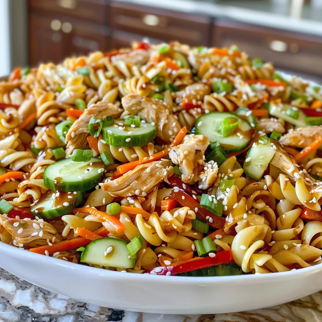 A detailed image of a colorful pasta salad with chicken, vegetables, and sesame seeds.
