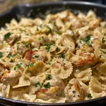 Close-up side view of a creamy Dairy Free Chicken Alfredo dish with gluten-free pasta and chicken pieces.