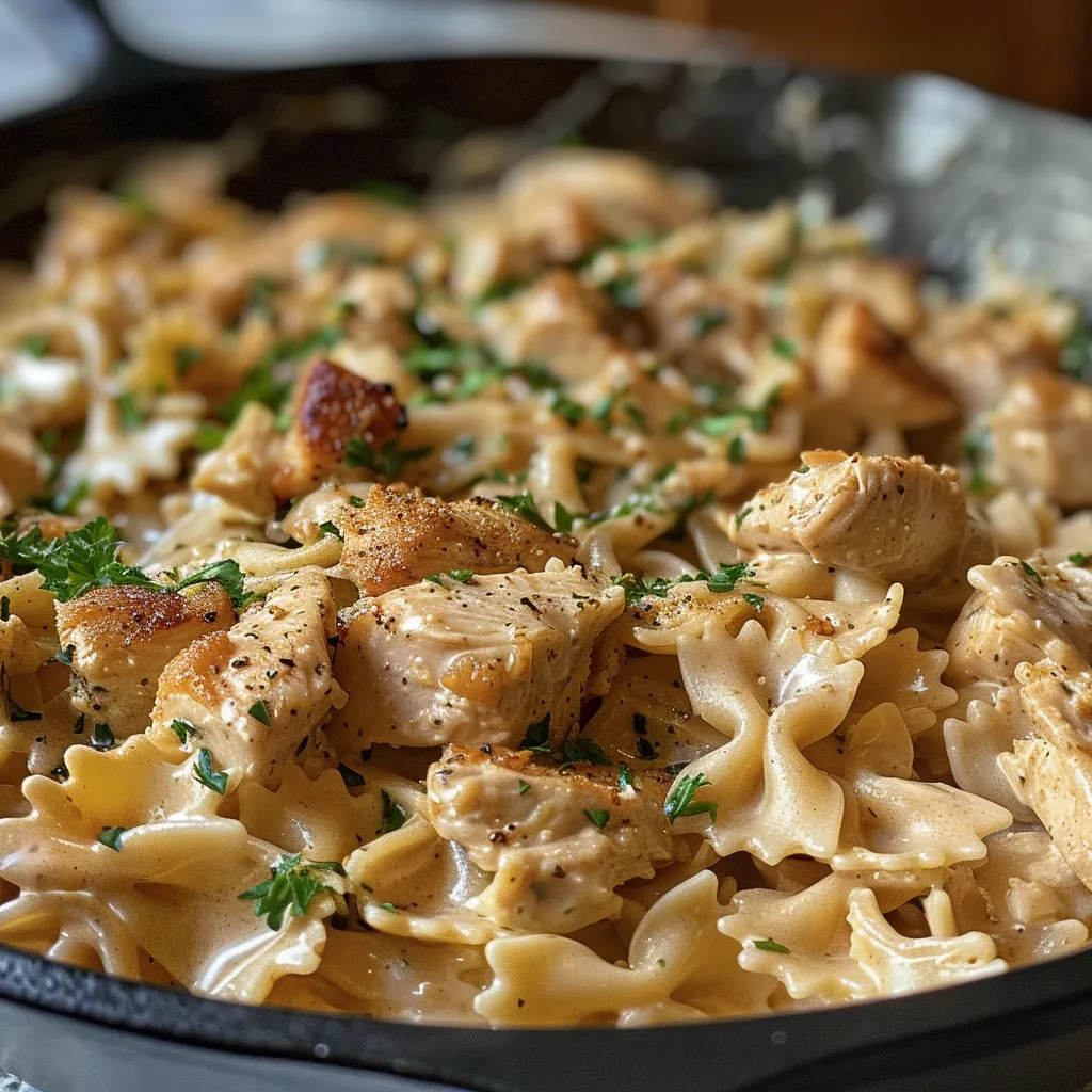 Side view of a bowl filled with gluten-free farfalle and chicken in a rich non-dairy sauce.