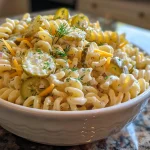 Close-up view of a bowl of Dill Pickle Pasta Salad featuring rotini noodles, diced pickles, and cheese.