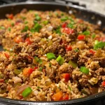 Close-up view of Dirty Rice with Ground Beef, showcasing its texture and ingredients.