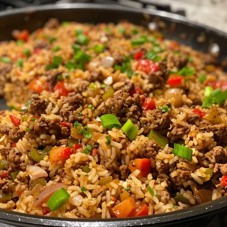Close-up view of Dirty Rice with Ground Beef, showcasing its texture and ingredients.