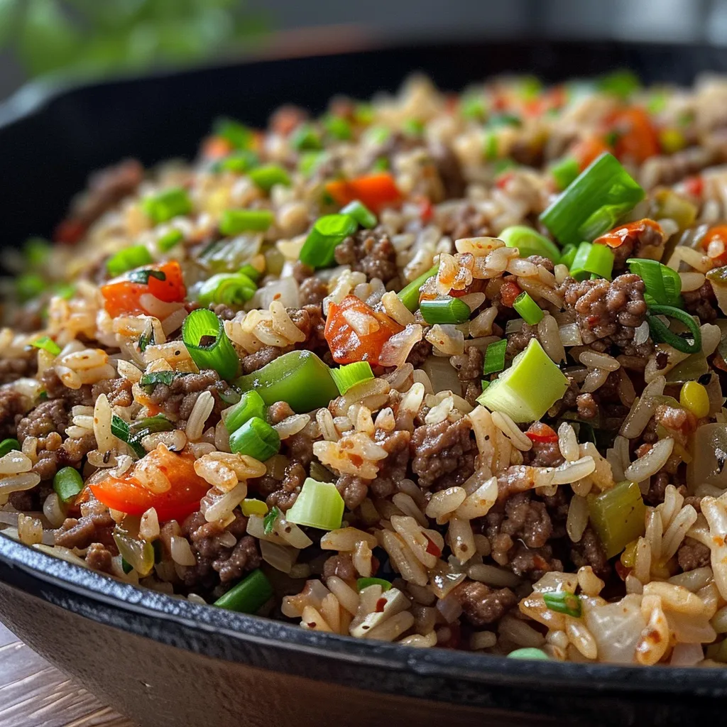 Side angle of a bowl filled with savory Dirty Rice mixed with ground beef and colorful peppers.