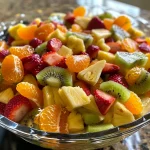 A colorful fruit salad featuring strawberries, kiwis, bananas, pineapple, and mandarin oranges in a transparent bowl.