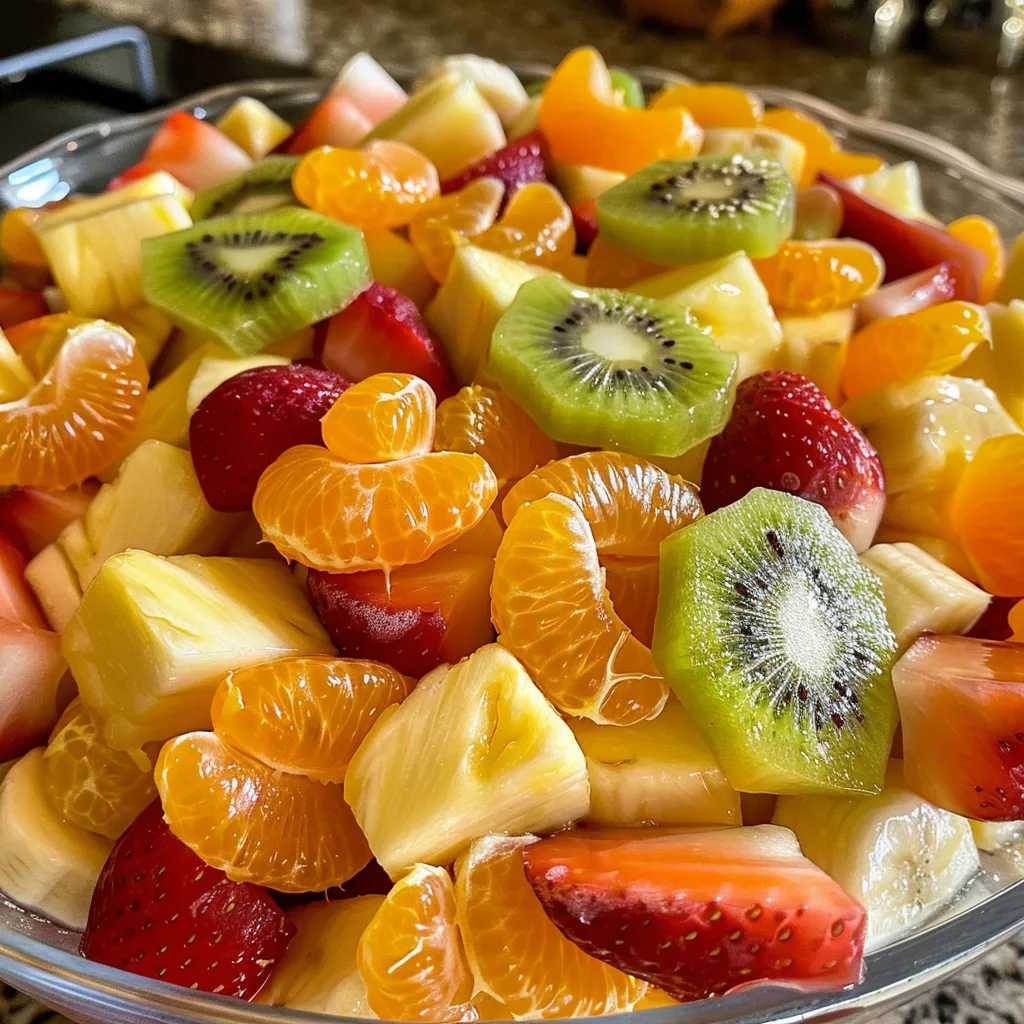 Close-up view of a vibrant Easter fruit salad topped with peach pie filling and surrounded by fresh fruit pieces.