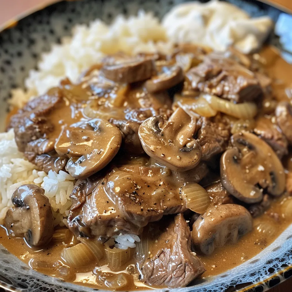 Close-up view of a serving of beef stroganoff with rice, highlighting the juicy beef and creamy sauce.