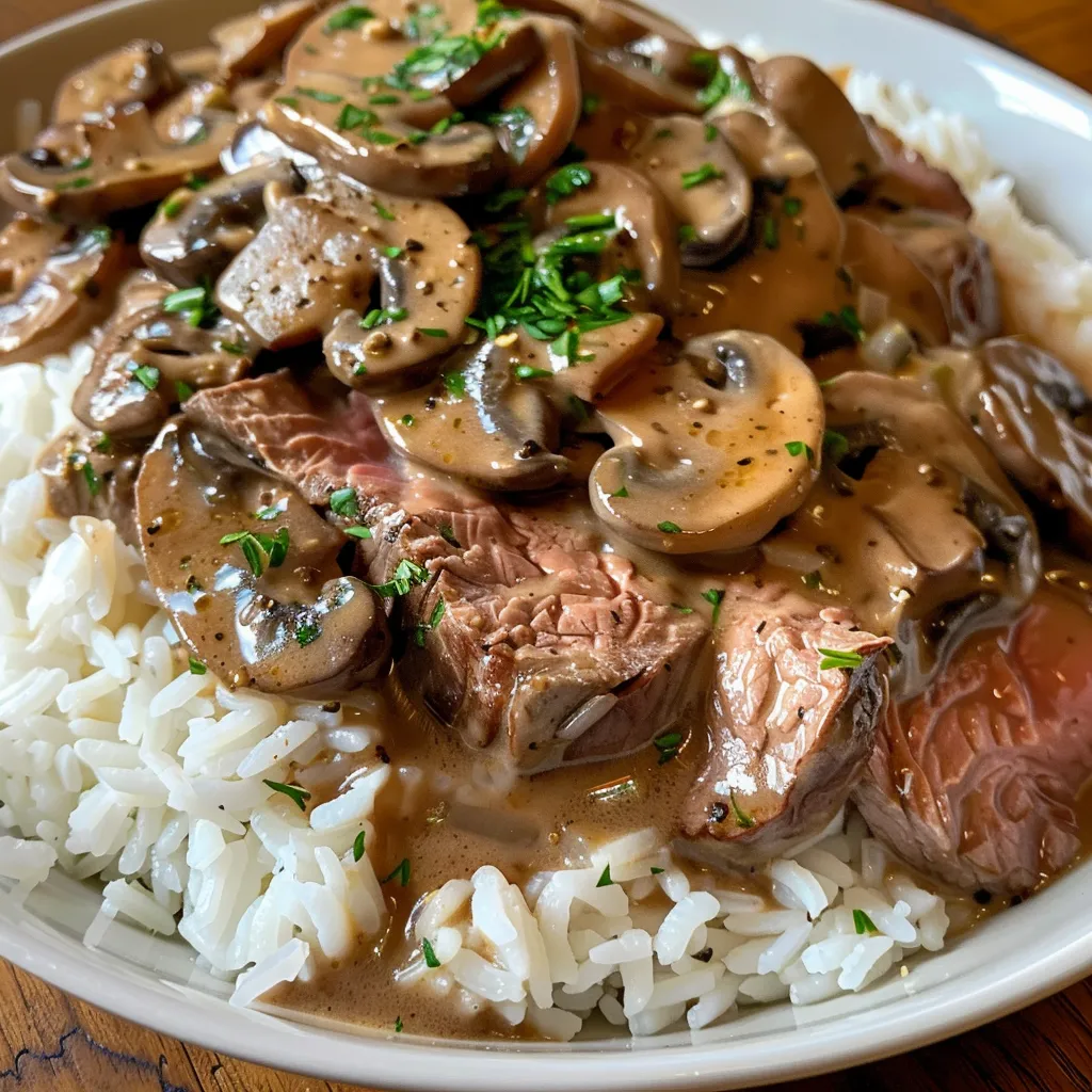 Side view of a delicious bowl of beef stroganoff and rice, showcasing tender steak and mushrooms.