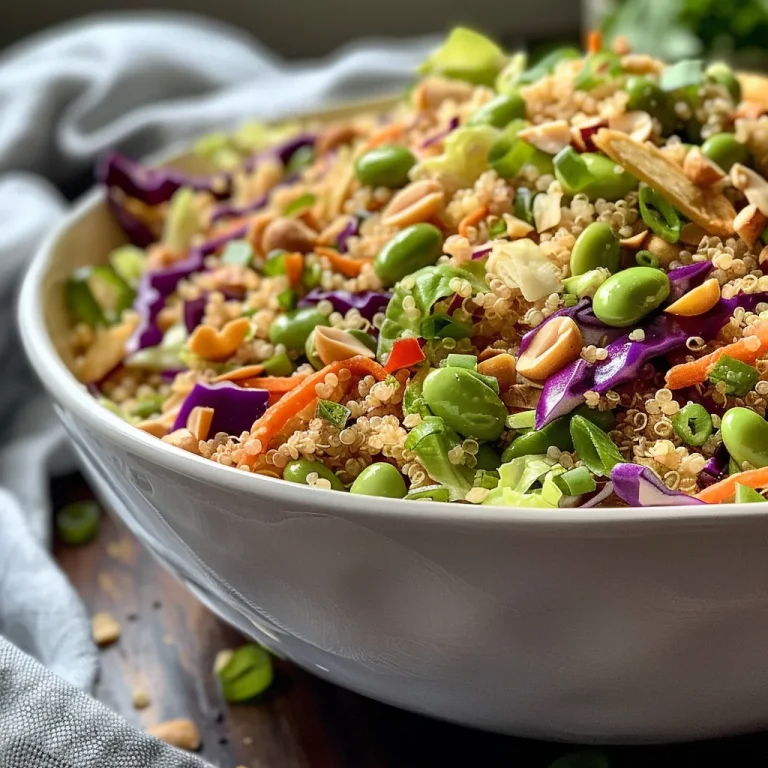 Close-up shot of a colorful Edamame Crunch Salad with various vegetables and toppings.
