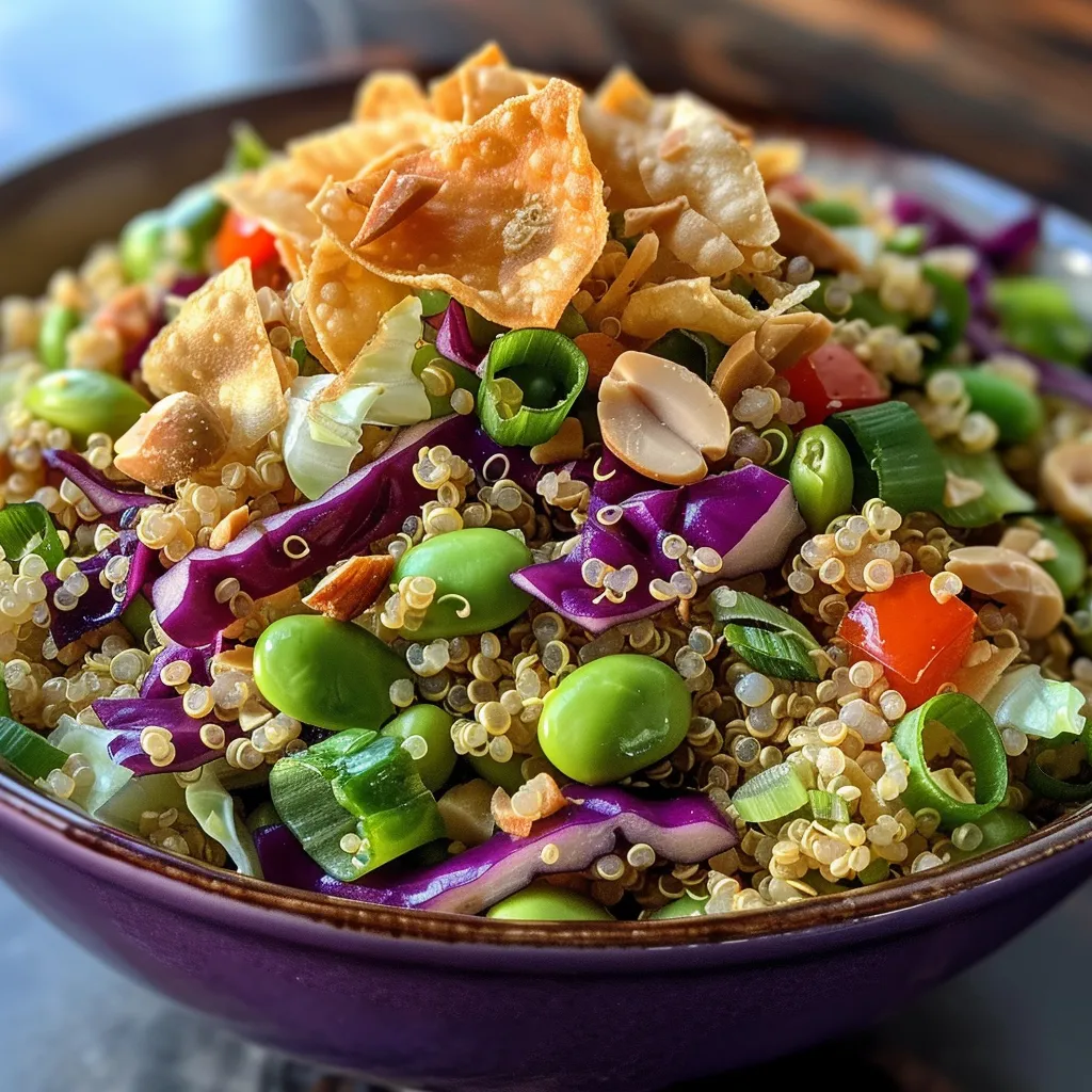 Side view of a vibrant salad featuring edamame, quinoa, and an assortment of fresh veggies.