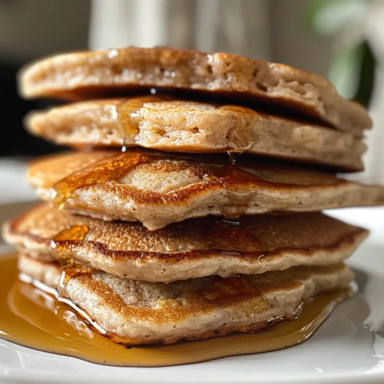 Close-up of fluffy vegan oat flour pancakes topped with syrup and berries.