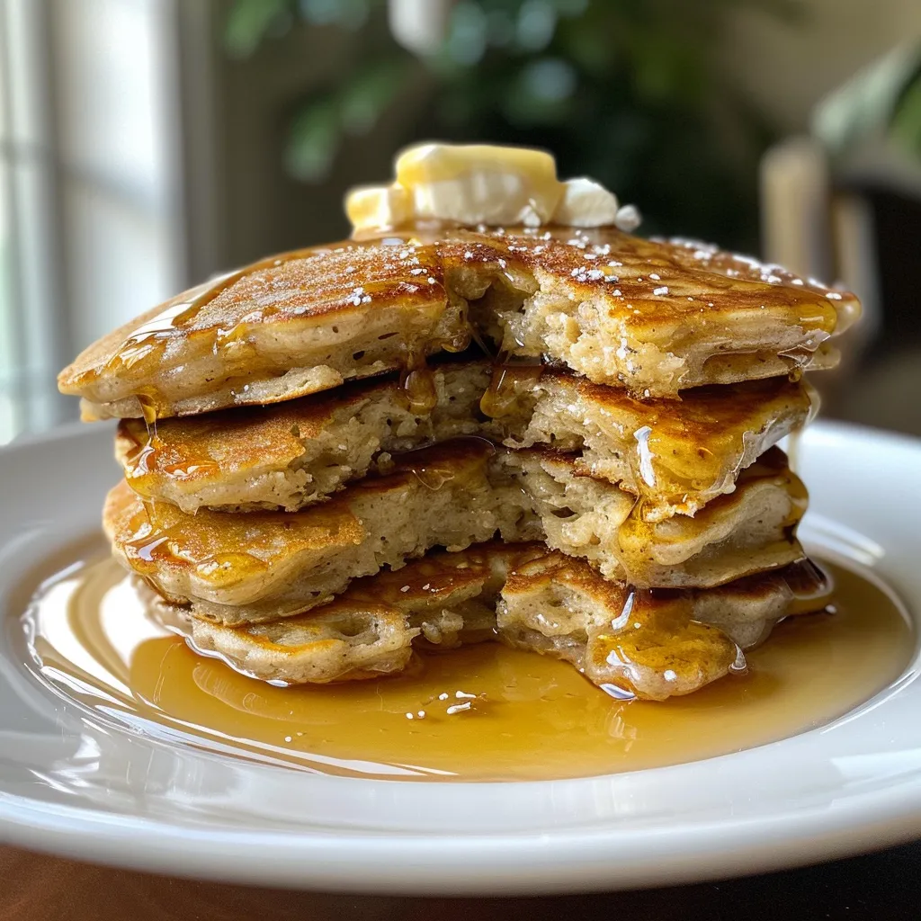 Delicious oat flour pancakes stacked high, showcasing their fluffy texture.