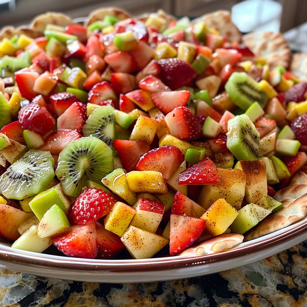 Side view of vibrant fruit salsa featuring strawberries, apple, kiwi, and mango, served with pita chips.