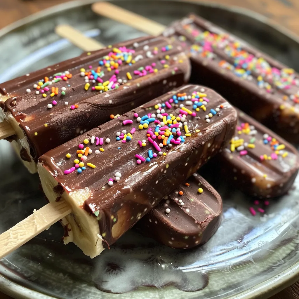 Side angle of chocolate-dipped banana pops coated in vibrant sprinkles.