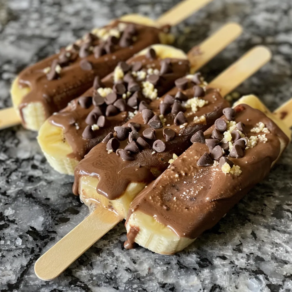 Juicy frozen banana pops dipped in rich chocolate, styled with optional toppings.