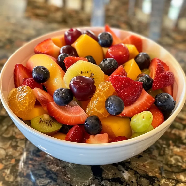Close-up view of a colorful fruit salad featuring strawberries, blueberries, nectarines, cherries, clementines, and grapes.
