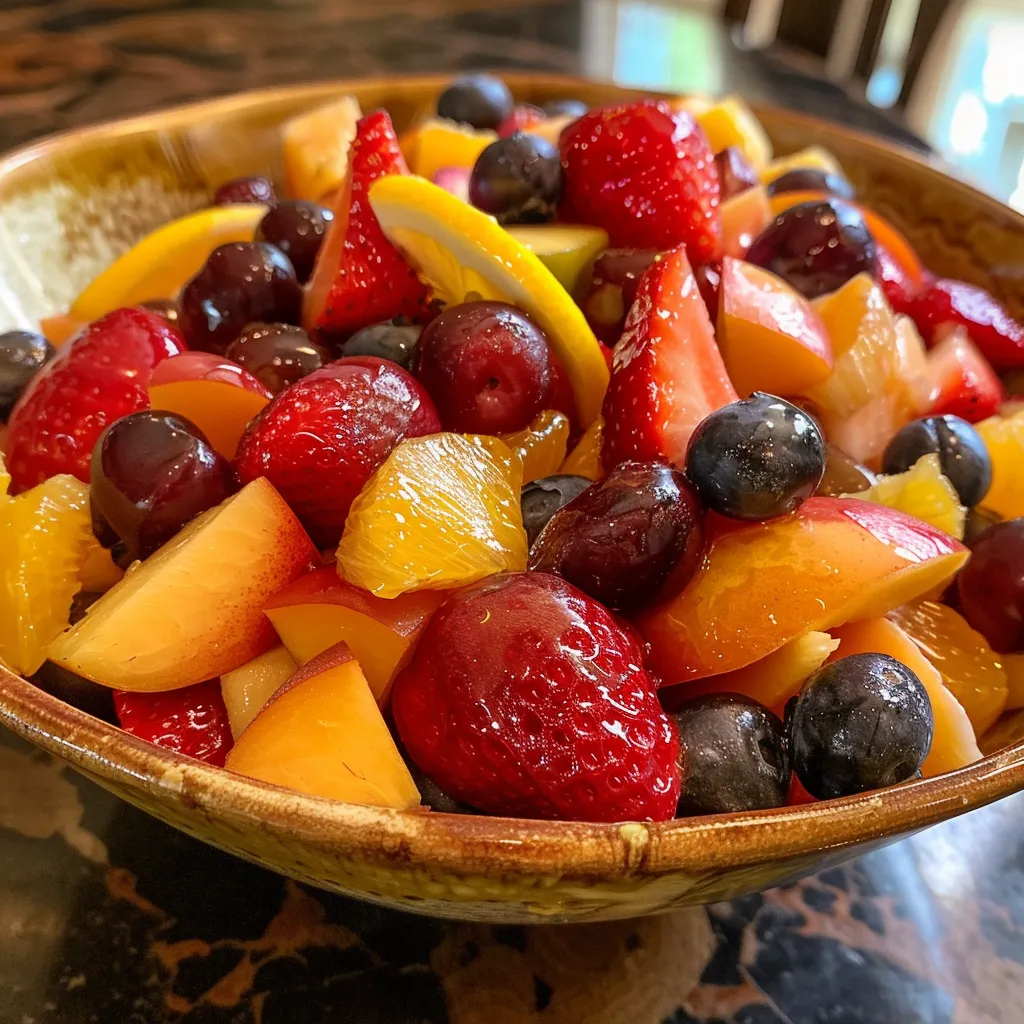 A colorful medley of fresh fruits in a bowl, glistening with honey lemon glaze.