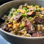Close-up view of garlic butter steak fried rice with colorful vegetables.