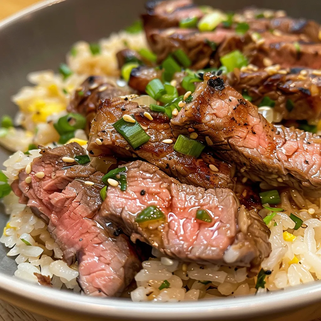 Juicy steak pieces mixed with fried rice, garnished with green onions and colorful vegetables.