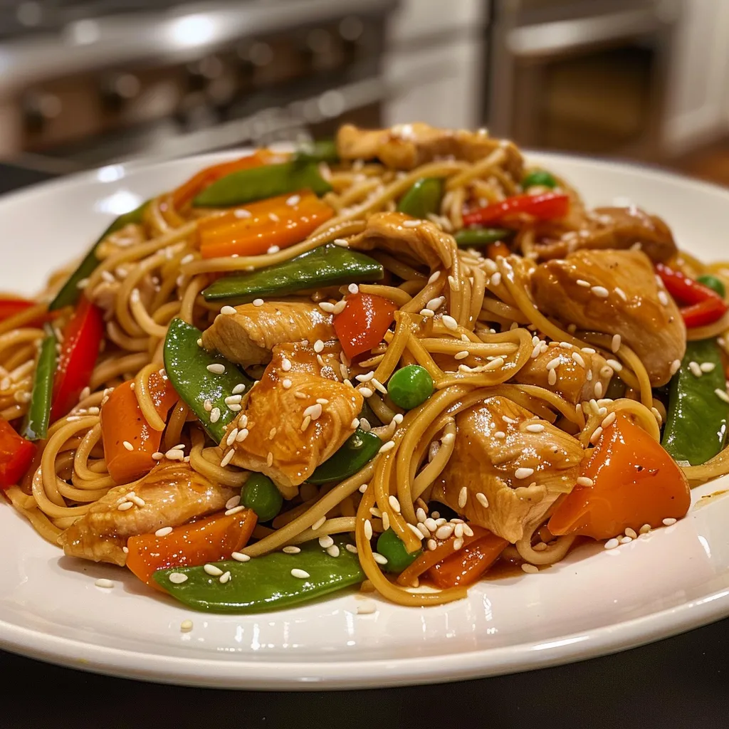 Side view of a bowl filled with Garlic Chicken Lo Mein, showcasing juicy chicken and noodles.