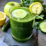 Close-up view of a green smoothie in a glass, showcasing vibrant spinach, cucumber, apple, and lemon.