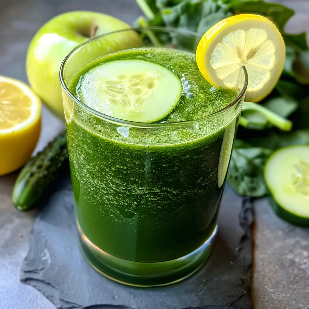 A close-up view of a green detox smoothie in a glass, highlighting its vibrant color and texture.