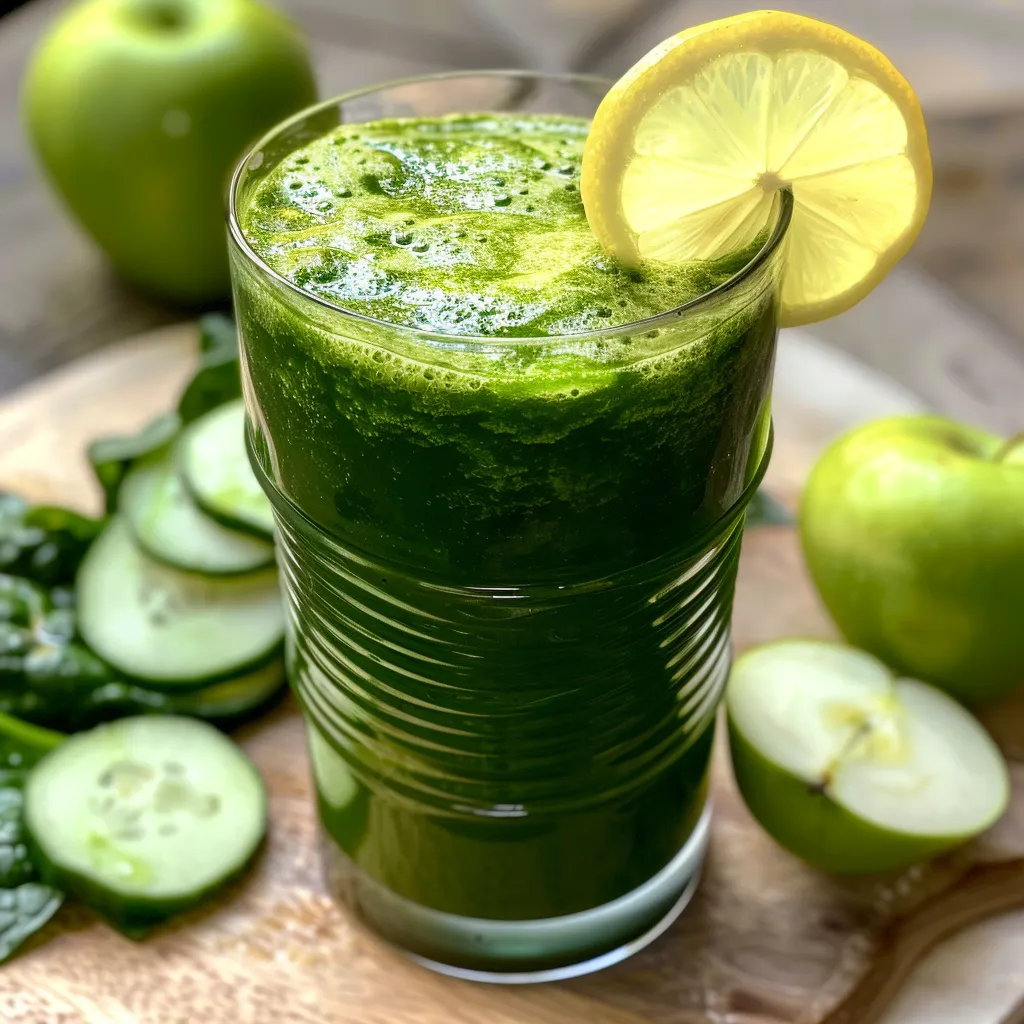 Side angle of a refreshing green smoothie filled with leafy greens and fruits, showcasing its fresh ingredients.