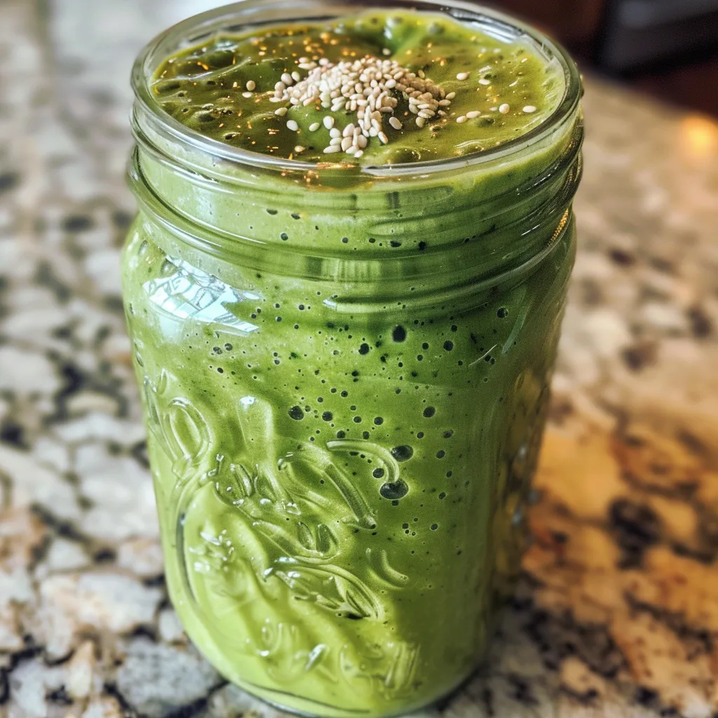 Side view of a vibrant green smoothie, showcasing its creamy texture and fresh ingredients.