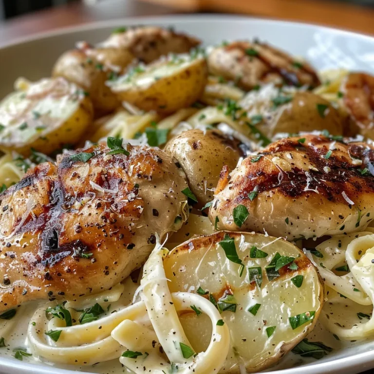 Juicy grilled chicken served alongside creamy herb pasta and roasted potatoes.