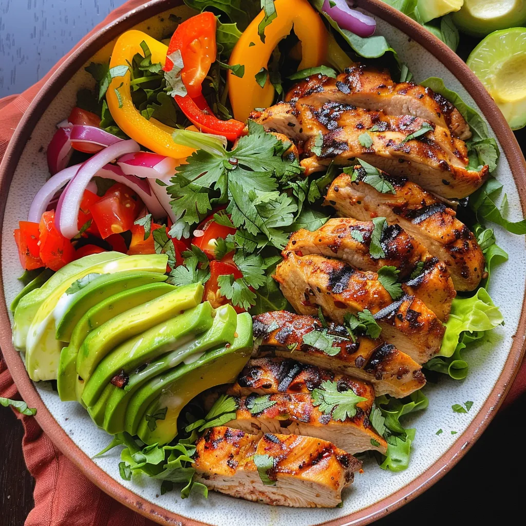 Close-up of a delicious Grilled Chili Lime Chicken Fajita Salad featuring grilled chicken, lettuce, and garnishes.