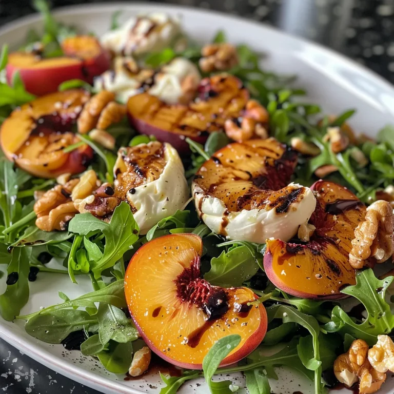 Close-up of a vibrant grilled peach salad featuring arugula and burrata cheese.
