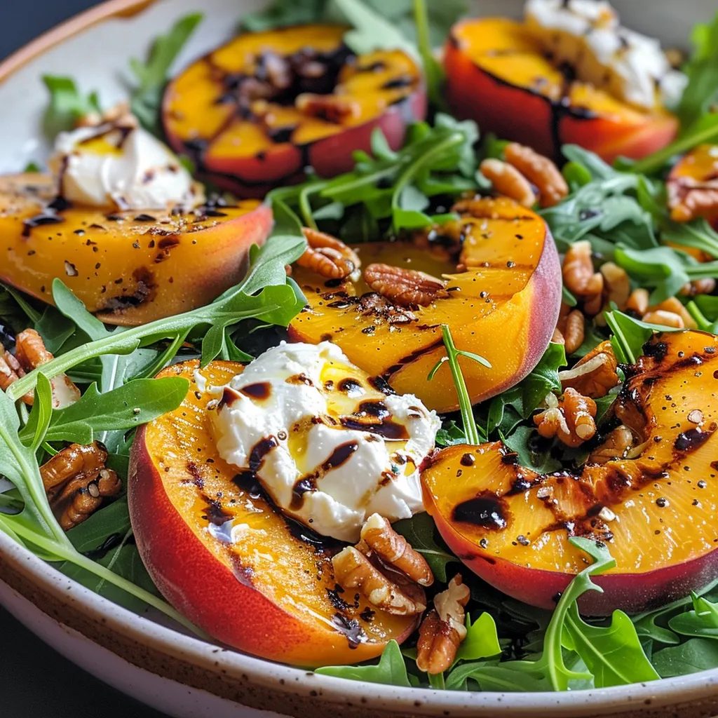 A delicious grilled peach salad with fresh arugula, burrata, and toasted walnuts.