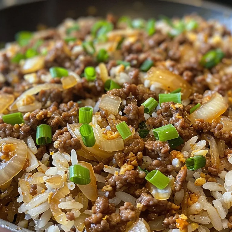 Close-up view of a skillet filled with ground beef, chopped onions, and rice, garnished with green onions.