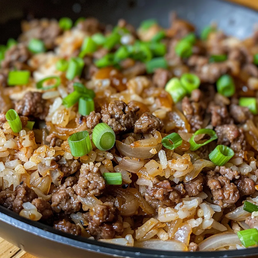 Juicy ground beef mixed with rice and onions in a skillet, garnished with green onions.