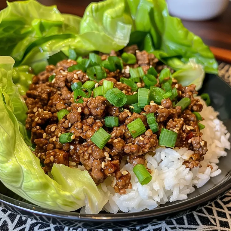 Close-up of juicy ground beef and rice lettuce wraps on a plate.