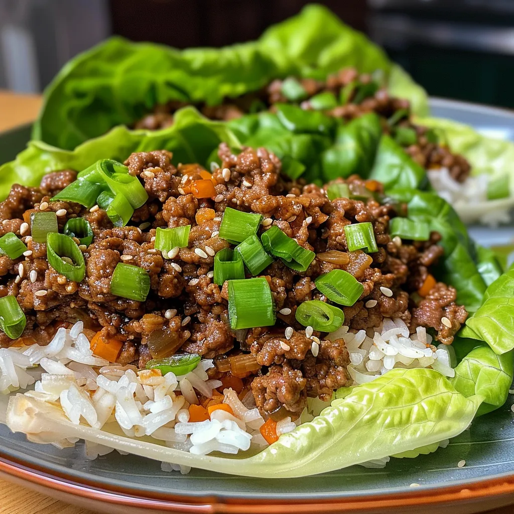 Side view of lettuce wraps filled with ground beef, rice, and green onions.