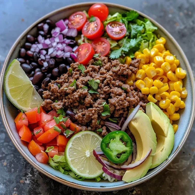 A close-up side view of a Ground Beef Burrito Bowl filled with colorful fresh ingredients.