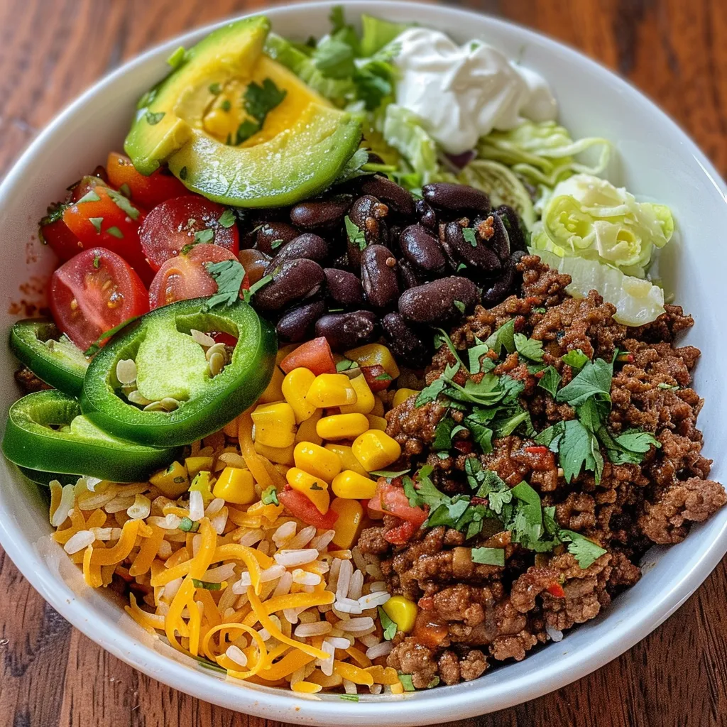 Juicy Ground Beef Burrito Bowl with layers of rice, beans, avocado, and fresh vegetables.