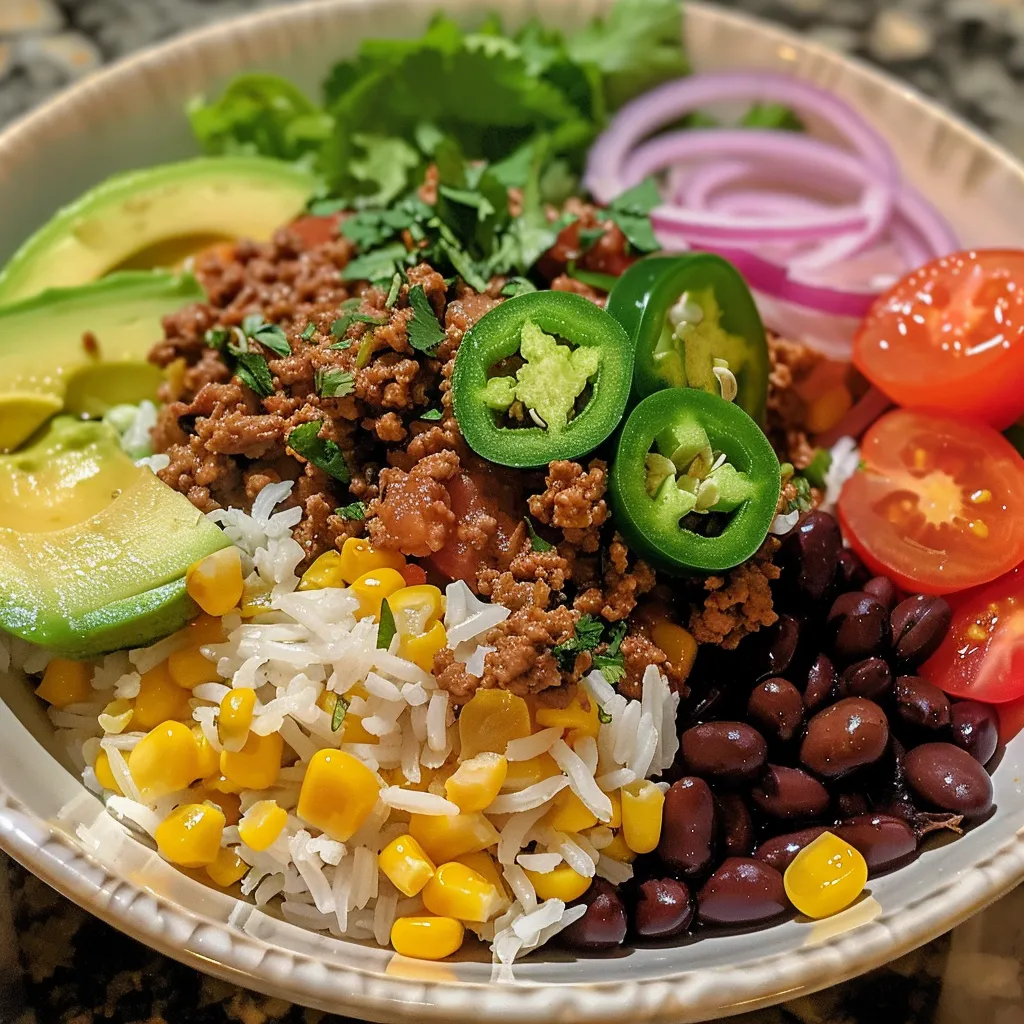 A vibrant Ground Beef Burrito Bowl showcasing ground beef, rice, and various toppings.
