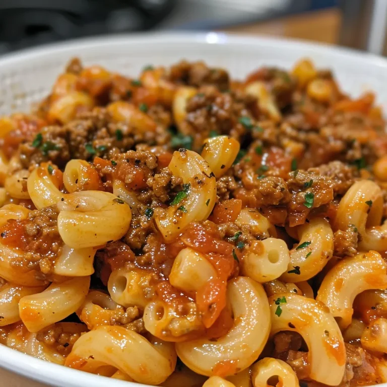 Close-up view of a bowl of Beefaroni with elbow macaroni and ground beef in tomato sauce.