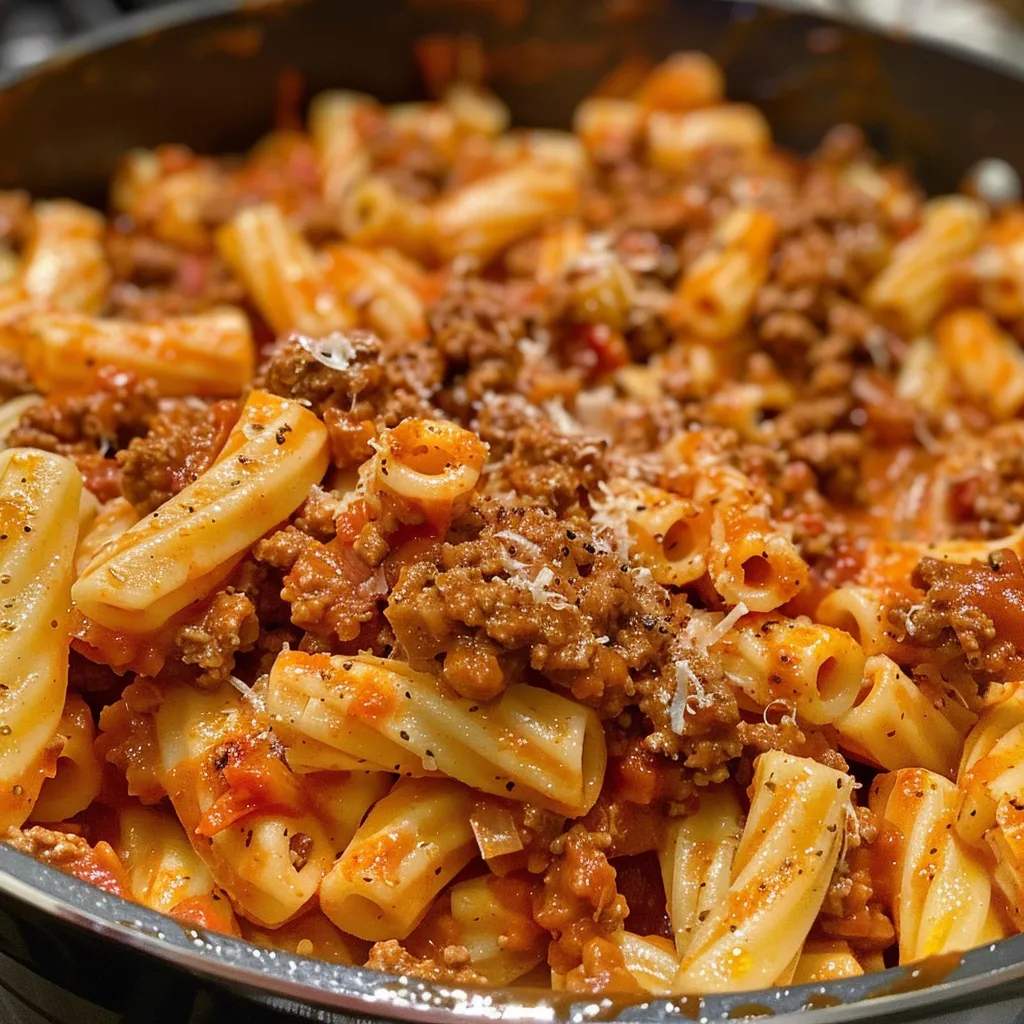 Side view of a serving of Beefaroni, showcasing the texture of macaroni and beef mixture.