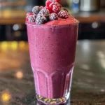 Close-up view of a vibrant berry smoothie in a glass with ingredients in the background.
