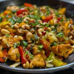 Close-up view of Healthy Cashew Chicken Stir Fry, showcasing colorful vegetables and nuts.