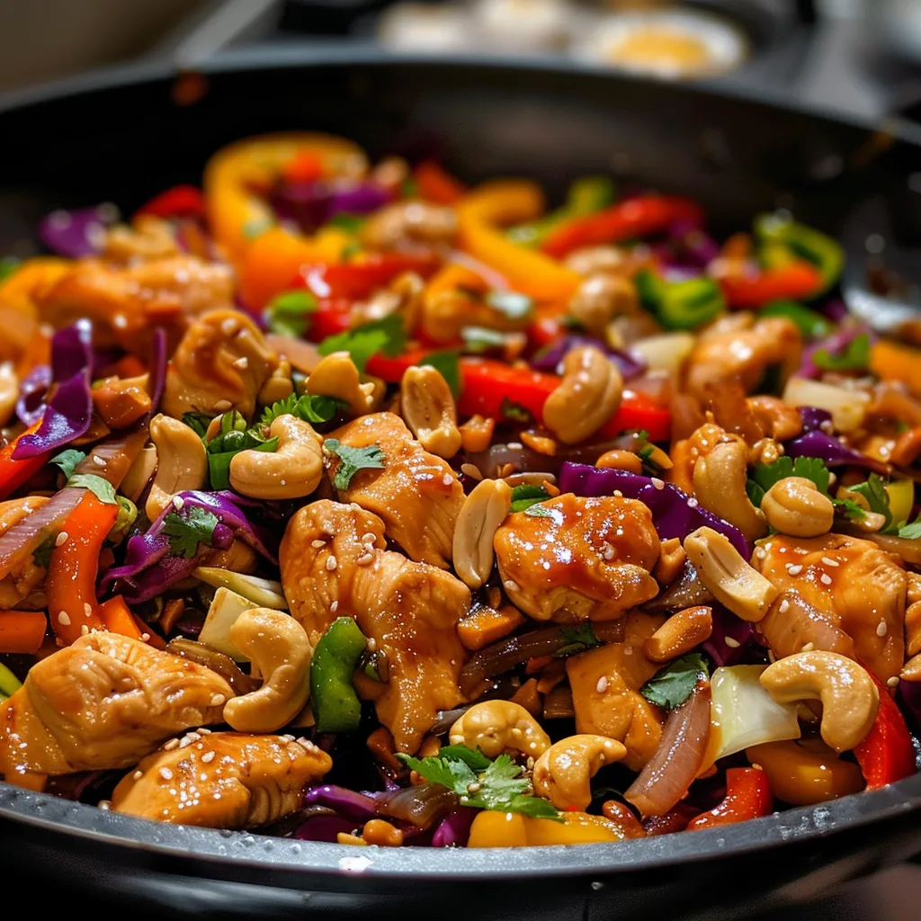Delicious Healthy Cashew Chicken Stir Fry displayed on a plate, featuring chicken pieces and vibrant bell peppers.