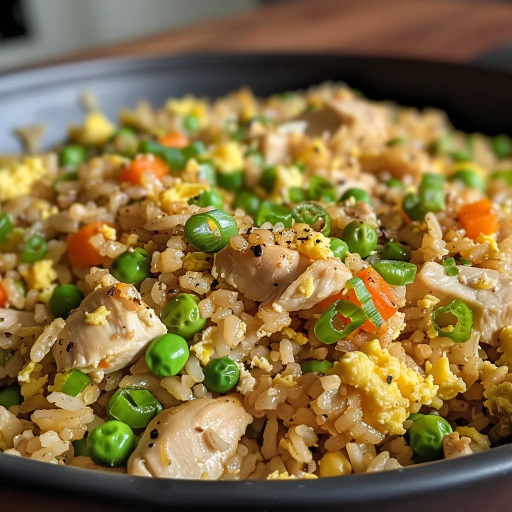Side view of a delicious Chicken Fried Rice dish showcasing rice, chicken, and bright green vegetables.