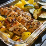 Close-up of a healthy meal prep bowl featuring lemon garlic chicken, yellow potatoes, and zucchini.