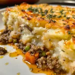 Close-up of a hearty Shepherd's Pie with golden mashed potato topping.
