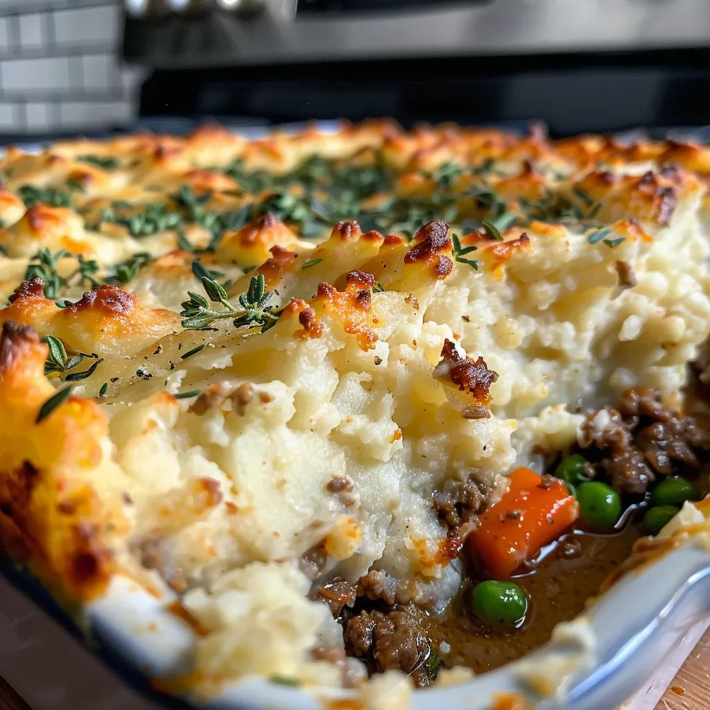 Side view of Shepherd's Pie showcasing layers of meat and vegetables.