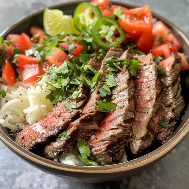 Close-up of a juicy steak bowl featuring marinated flank steak, vegetables, and garnishes.