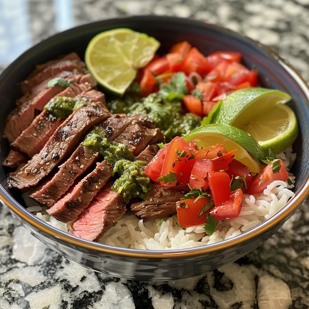 Side view of a healthy steak bowl, showcasing tender steak slices atop a bed of greens and colorful toppings.
