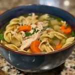 A close-up view of a bowl of homemade chicken noodle soup with visible chicken, noodles, and vegetables.